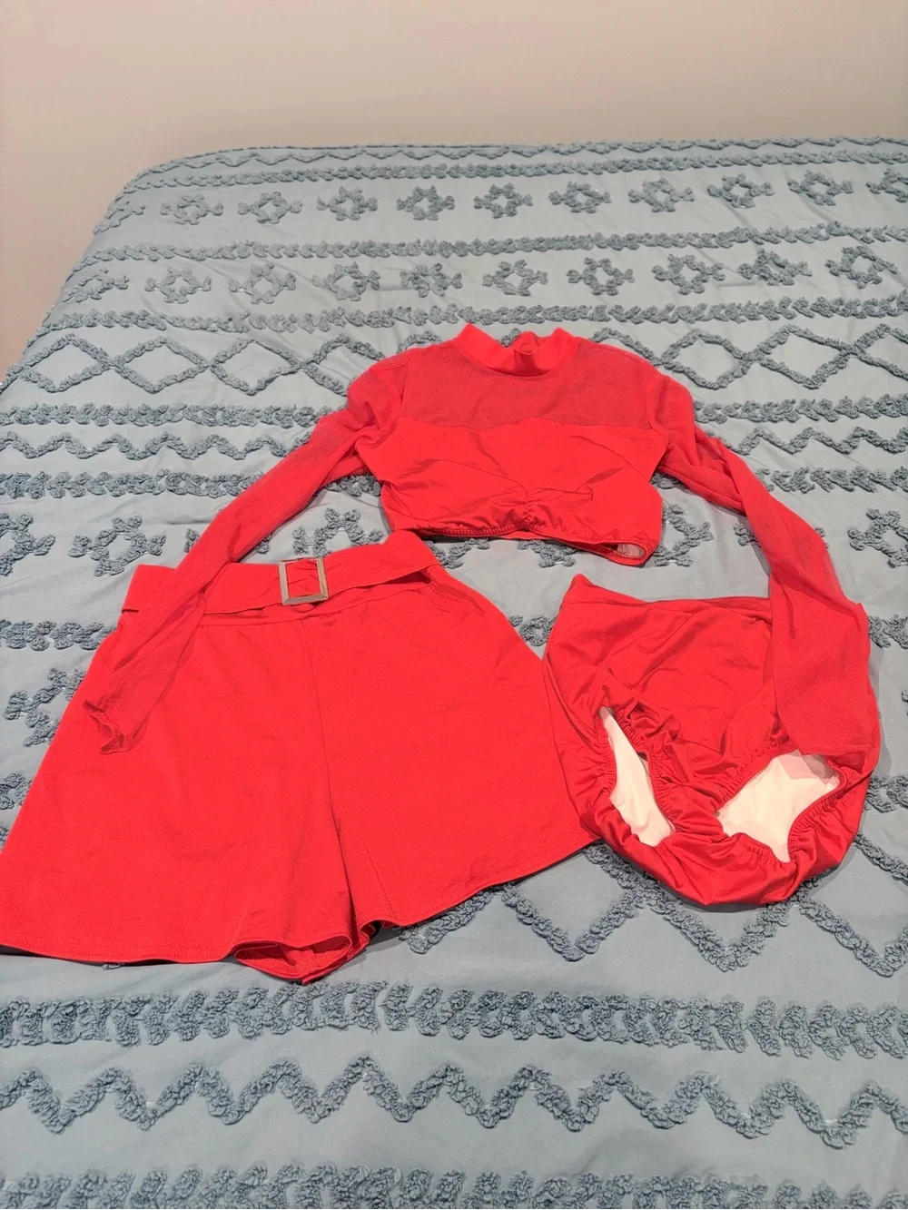 Kellé 3-Piece Red Dance Costume Adult Medium Mesh Crop Top & High-Waisted Shorts